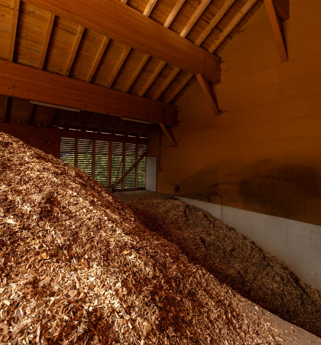 Großer Haufen Holzspäne in einer Scheune mit Holzdecke