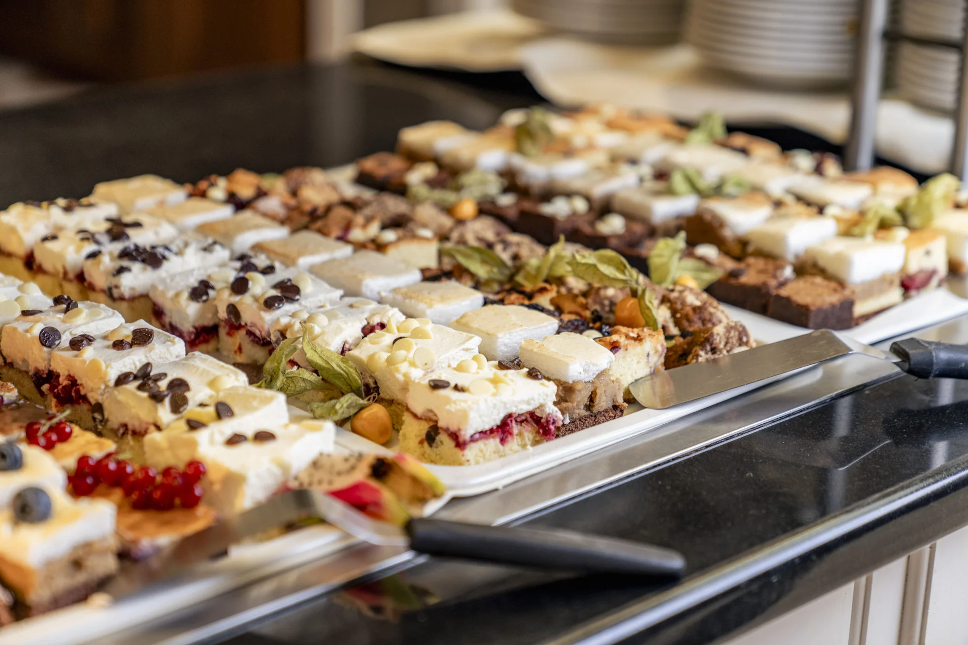 Nahaufnahme eines Tabletts mit verschiedenen kleinen Kuchenstücken auf einem Buffet