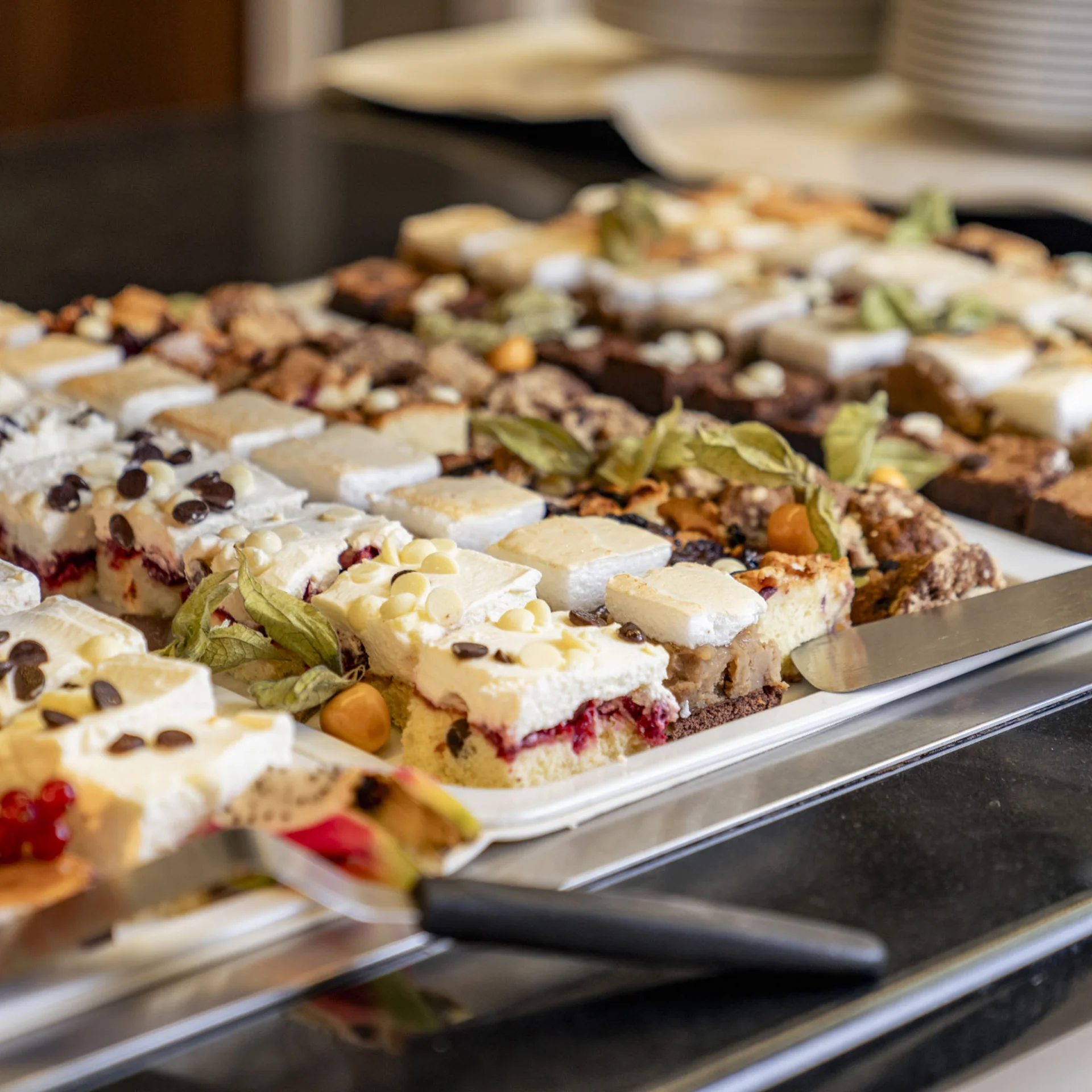 Nahaufnahme eines Tabletts mit verschiedenen kleinen Kuchenstücken auf einem Buffet