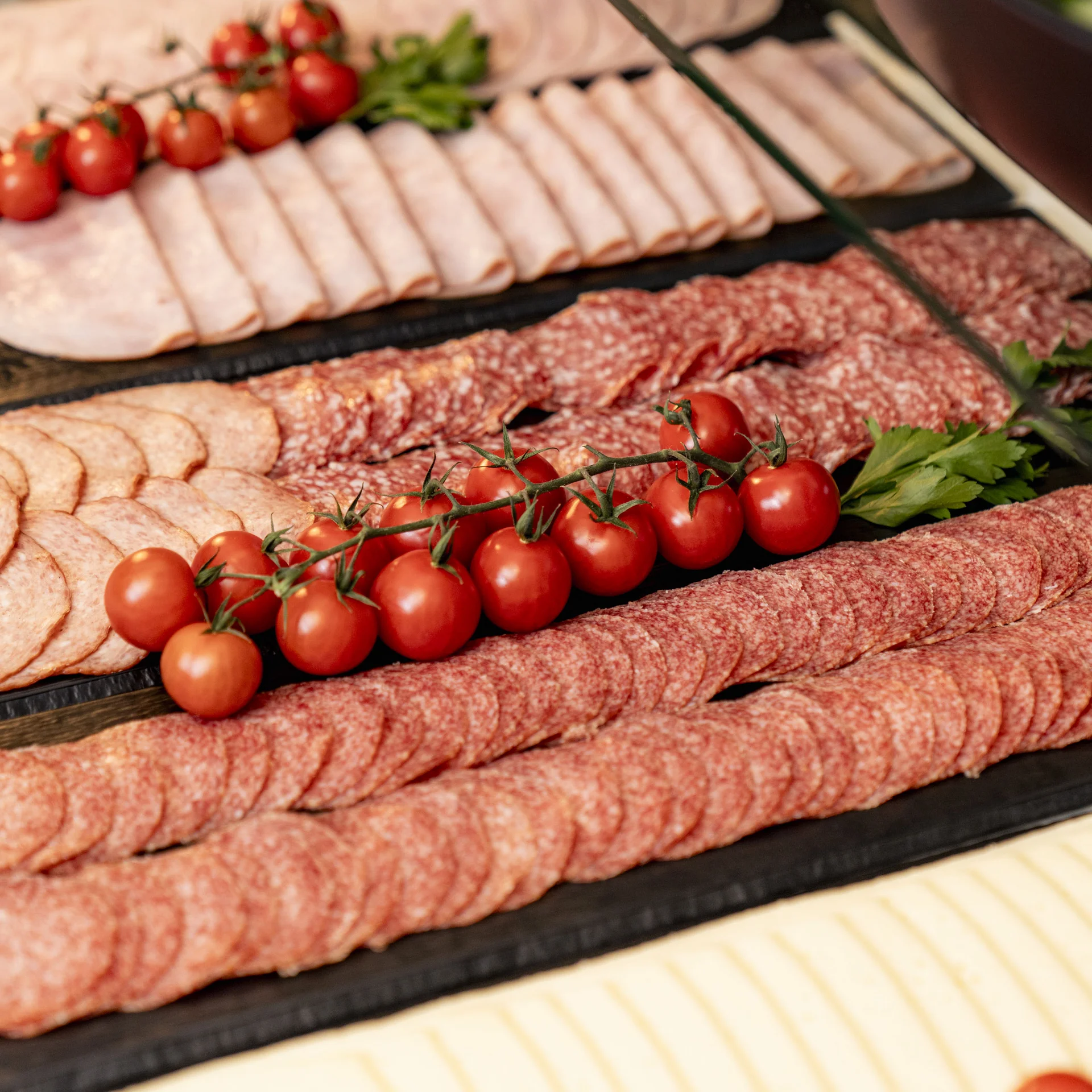 Verschiedene Wurstsorten mit Kirschtomaten und Kräutern auf Tablett angerichtet