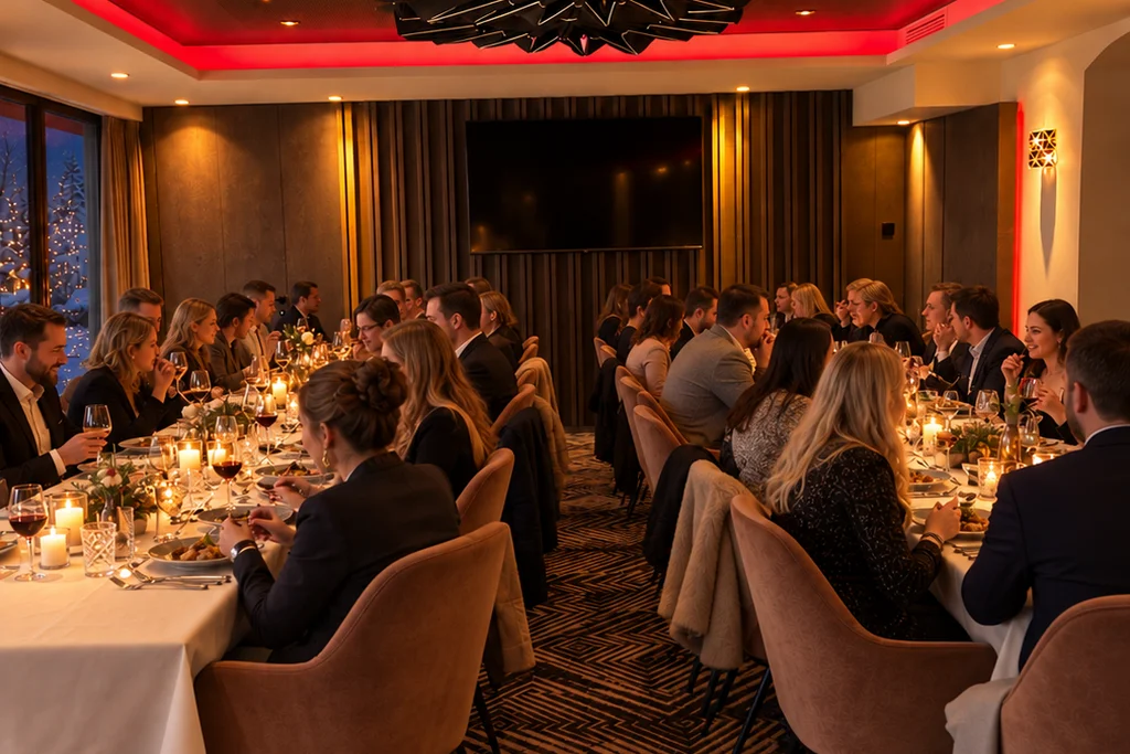 Für Feiern in kleiner und großer Runde Gäste speisen bei Kerzenlicht an langen Tischen in einem eleganten Restaurant