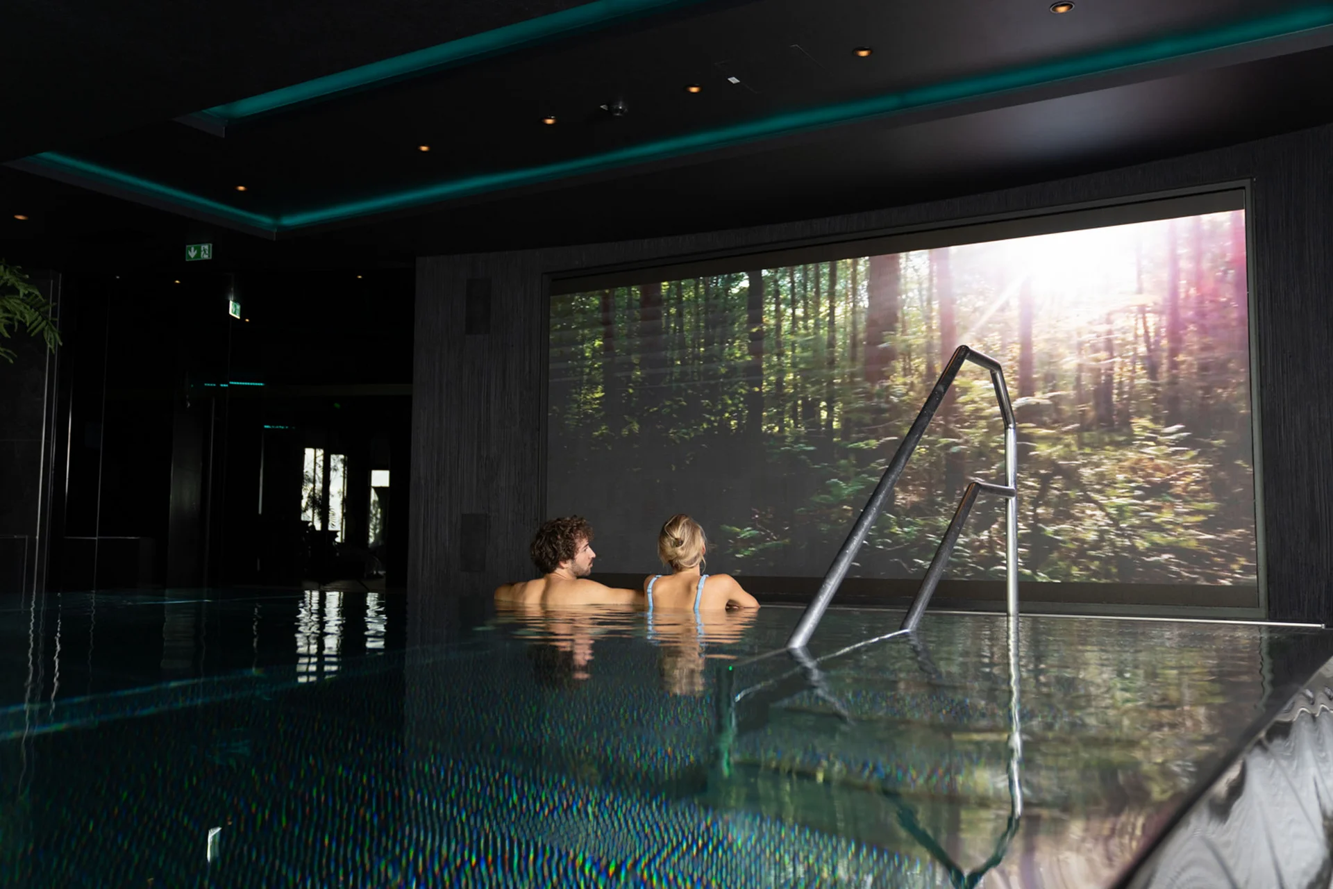 Paar entspannt im Innenpool mit großem Naturbild an der Wand