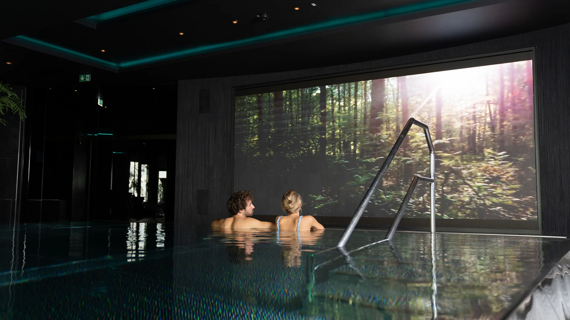 Paar entspannt im Innenpool mit großem Naturbild an der Wand