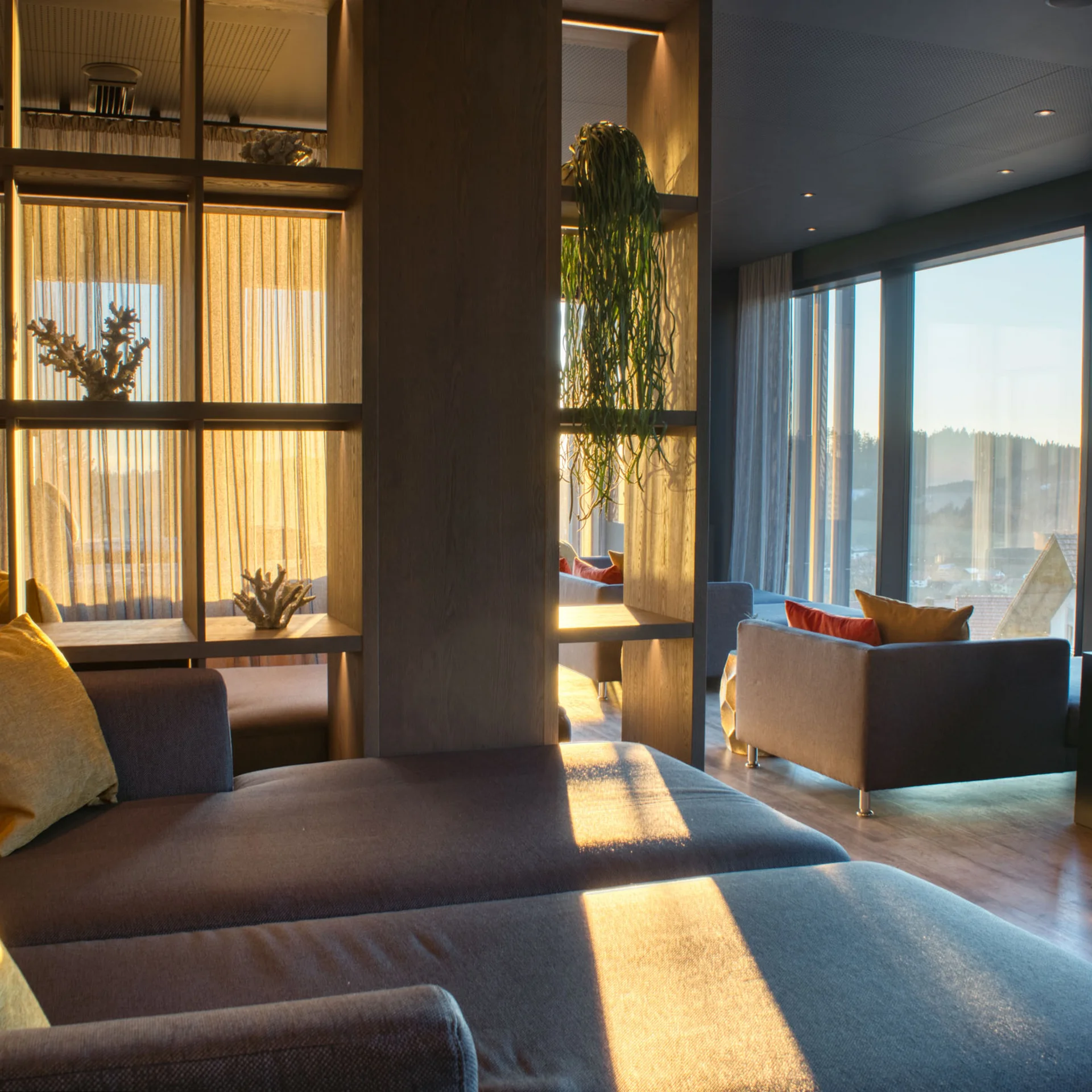 Modernes Wohnzimmer mit grauem Sofa und großer Fensterfront bei Sonnenlicht