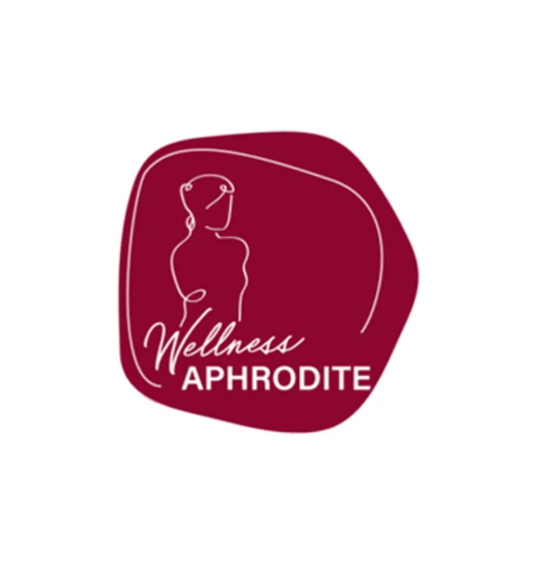 Logo Wellness Aphrodite mit stilisierter Frau im roten Hintergrund