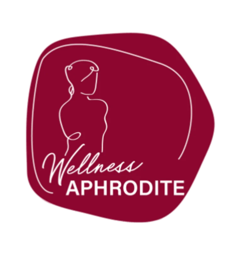 Wellness Aphrodite Logo mit Linienzeichnung einer Frau in Burgunderrot