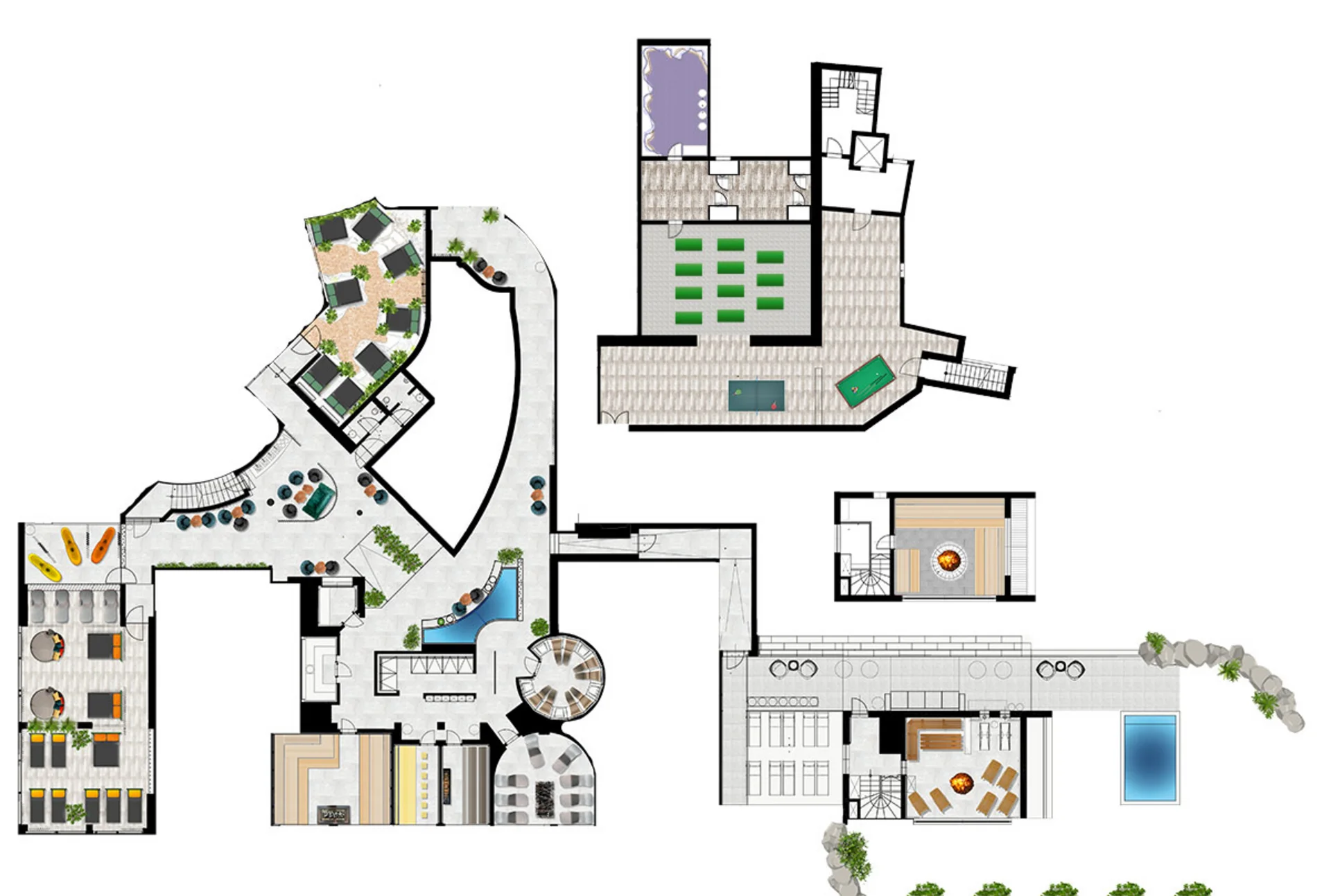 Grundriss mit Sauna, Pool, Lounge und Spielbereich