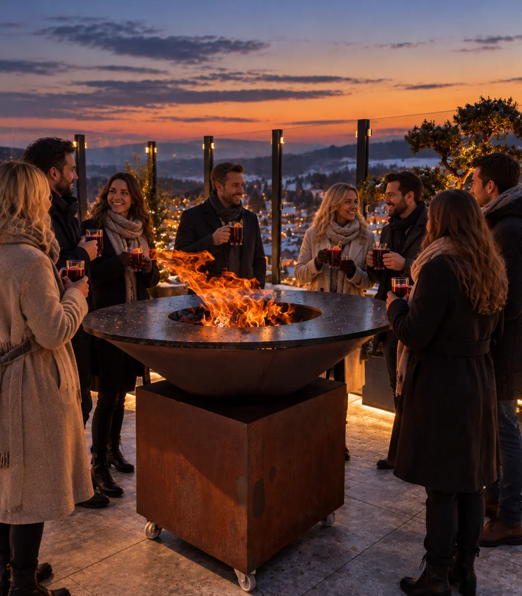 Für Feiern in kleiner und großer Runde Menschen mit Getränken um eine Feuerschale auf einer Terrasse bei Sonnenuntergang