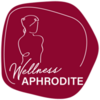 Logo Wellness Aphrodite mit Frauenumriss in Linienzeichnung auf rotem Hintergr