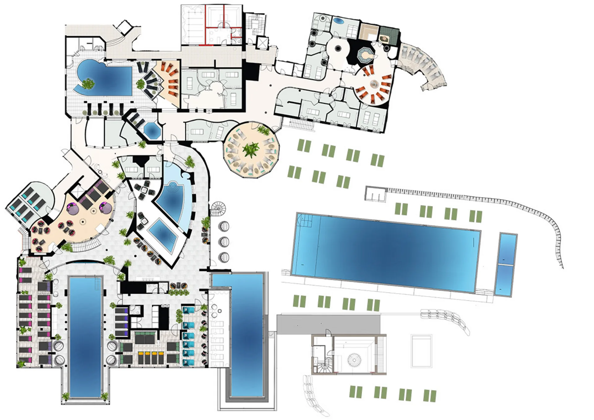 Grundriss einer luxuriösen Wellnessanlage mit Pools und Ruhezonen